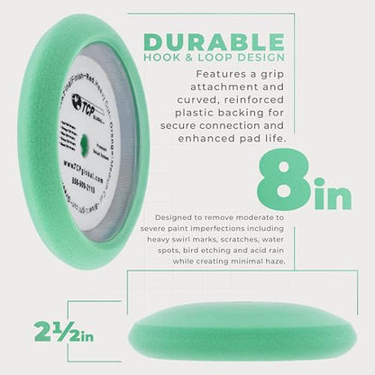 TCP Global 8" Green Foam Buffing Pad Final Cut Polish Hook and Loop Backing - Buffing Pad for Automotive, Marine, Truck, RV & Compound Cutting - color: Green