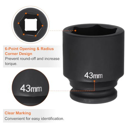 HARFINGTON 6-Point Impact Socket 3/4" Drive 43mm Metric 40Cr Alloy Steel Spindle Axle Nut Impact Socket - size: 43mm