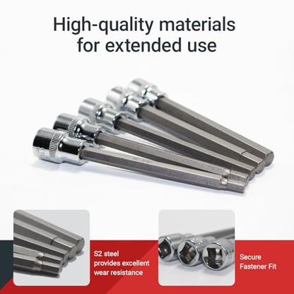 3/8 Inch Drive Extra Long allen hex bit socket set, 19-Piece Standard SAE & Metric Allen socket set, CR-V and S2 Steel (Allen Hex Bit), Automobile repair tools