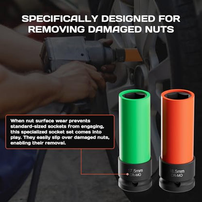 7-Piece 1/2" Drive Lug Nut Impact Socket Set (16.5-22.5mm), Non-Marring Design for Swollen or Seized Wheel Nuts, CR-MO Steel