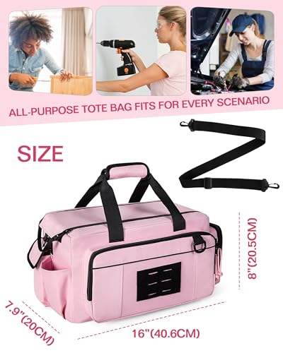 Pink Tool Bag for Women, 16 Inches Tool Storage Organizer Box | Spacious Main Compartment, Wide Opening, Multiple Pockets, Padded Handle, Adjustable Shoulder Strap, Tactical MOLLE Loop