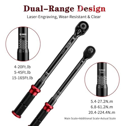 AEROFORCE 1/4 & 3/8 & 1/2-inch Drive Click Torque Wrench, 3Pcs Torque Wrench Set 4-20Ft.lb, 5-45Ft.lb, 15-165Ft.lb 72-Tooth Dual Scale for Bike, Moto, Car Repair - size: 1/4" & 3/8" & 1/2" (3-Piece), style: 4 - 20 lb-ft & 5 - 45 lb-ft & 15 - 165 lb-ft
