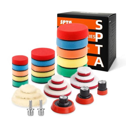 SPTA 29 Pcs Mini Car Polishing Pad Kit - 1", 2", 3" Sponge Foam Wool Microfiber Buffing Pads with 5/8"-11 Backing Plates & 5/8"-11 Drill Adapters for Auto Detailer, Scratch Removal & Tight Spaces - color: 29pcs Drill Buffing Pad Detail Polishing Pad Sets