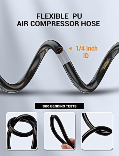 EVOULTES 1/4 In x 28 Ft Polyurethane Recoil Air Hose, Upgraded Air Compressor Hose with Repairable Bend Restrictor, Air Hose kit w/ 360° Swivel 1/4" NPT Coupler & Brass Quick Connect Air Fittings - color: Black