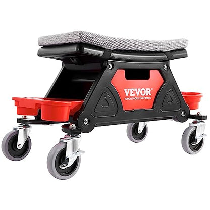 VEVOR Mechanic Stool 300 LBS Capacity Garage Stool Gift for Men, Heavy Duty Rolling Mechanics Seat, with Three Slide Out Tool Trays and Drawer, Tools for Automotive Auto Repair | Auto Repair Heavy Duty Plastic Rolling Mechanics Seat with Cushion, Three Sl