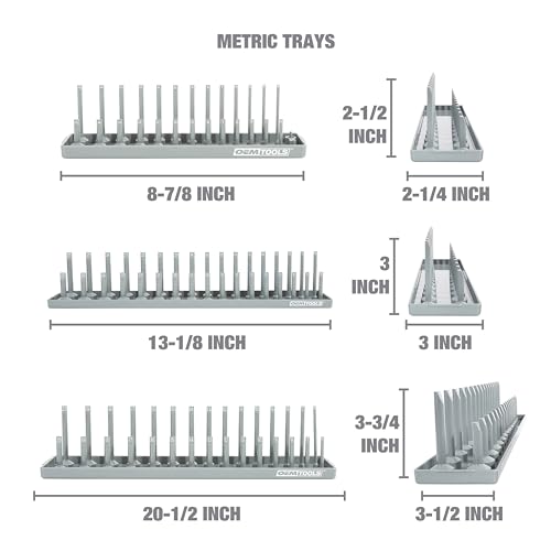 OEMTOOLS 22413 6 Piece SAE and Metric Socket Tray Set, SAE and Metric Socket Storage for Sizes 1/4", 3/8”, and 1/2" Drive, Socket Holders and Socket Organizer Tray for Toolbox, Red/Grey | Optimize Toolbox Organization, Designed for Shallow and Deep Socket