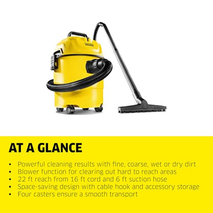 Kärcher WD 1 Classic Multi-Purpose 4 Gallon Wet-Dry Shop Vacuum Cleaner with Floor Nozzle, Crevice Nozzle, Blower Feature, Compact Space-Saving Design, 900W - style: WD 1 Classic