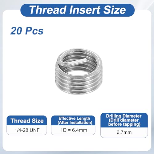 PATIKIL Wire Thread Inserts 1/4-28 UNF 1D 6.4mm, 20Pcs 304 Stainless Steel Helical Coiled Wire Screw Threaded Sleeve Sheath for Mechanical Equipment Automotive Repairs - size: 1/4-28 UNF, 6.4mm