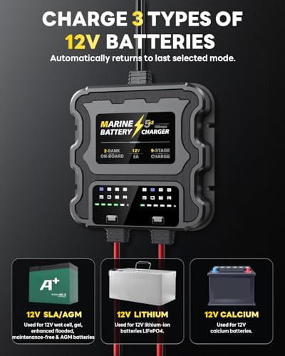 Smart 2 Bank Marine Battery Charger, 10A (5A/Bank), 12V,Waterproof,lifepo4 Lithium Battery Charger Maintainer and Desulfator for AGM, Lithium,Deep-Cycle Batteries Boat Accessories - size: 2 Bank(10A)