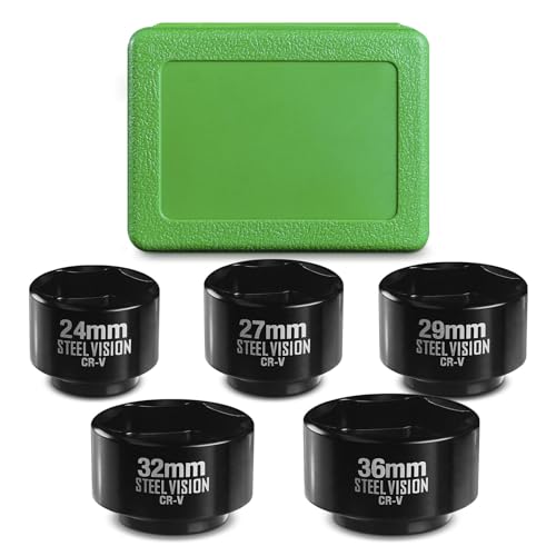 Steel Vision 5-Piece 3/8" Drive Low Profile Oil Filter & Oil Canister Socket Set, Metric 24mm, 27mm, 29mm, 32mm, 36mm, Chrome Vanadium Steel, 6-Point Design, Laser-Etched Markings (Upgraded Style)