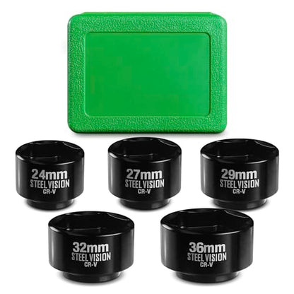 Steel Vision 5-Piece 3/8" Drive Low Profile Oil Filter & Oil Canister Socket Set, Metric 24mm, 27mm, 29mm, 32mm, 36mm, Chrome Vanadium Steel, 6-Point Design, Laser-Etched Markings (Upgraded Style)