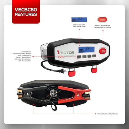 Vector VECBC50 50 Amp Battery Charger/Maintainer for Lithium or Lead Acid Batteries - size: 50 Amps