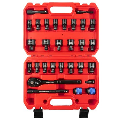 LLNDEI 29Pcs Swivel Socket Set, Quick Release Design, CR-MO 3/8 Swivel Sockets Metric(8-22mm)&Sae(5/16"-3/4"), Wobble Socket Set with Ratchet Wrench, Extension Bar and Adapters. - size: 29Pcs Quick-Release 3/8" Swivel Socket Set S&M