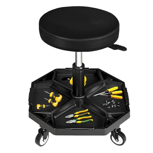 YELLOW JACKET Rolling Garage Seat with Wheels Adjustable Height Pneumatic Mechanic Stool 300Lbs Heavy Duty Shop Creeper Seat with 4 Removable Storage Tool Tray Workshop Chair for Auto Repair - color: Black