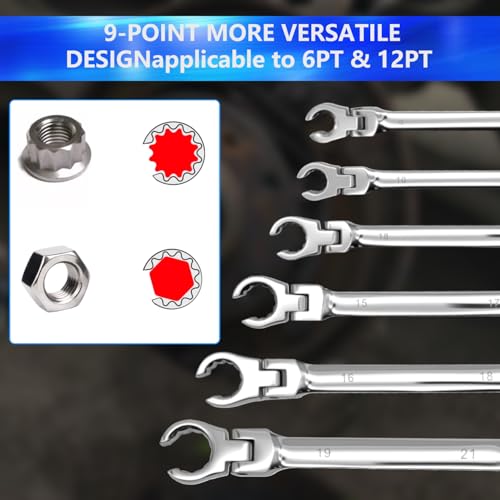 ZKTOOL 6PCS Double Open Movable Head Flexible Flare Nut Wrench Set, Metric Wrench Set 9-21mm, 180 Degree Rotating Head,Applicable to 6PT & 12PT, Kit For Most Of Compression Joint Fittingmovable