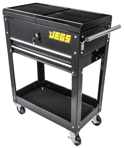 JEGS Heavy-Duty Tool Box Cart | 220 LBS Capacity | Uses Four 4" Caster Wheels | Includes 2 Keyes and 6 Drawer Liners | Black with JEGS Logo | 2 Locking Drawers | Sliding Top