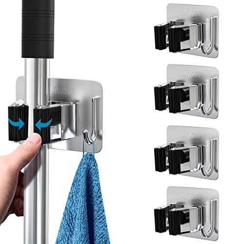 homeasy Mop Broom Holder No Drill, Mop Broom Organizer Wall Mounted Heavy Duty with Hooks Hanger, Self Adhesive Stainless Steel 4Pcs for Bathroom, Kitchen, Office (Multicolor) - color: Silver Mix