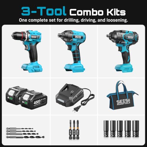 Seesii Power Tool Combo Kits,1000N.m Impact Wrench1/2, 3/8" 180N.m Impact Driver and 1/4" 50N.m Impact Drill, Brushless, 2 * 4000mAh Bartteris,Fast Charger,Impact Gun For Car Home DIY - color: Dark Blue 1000n.m + Two Batteries