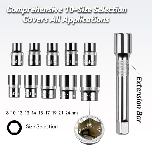 1/2" Drive Socket Set, 12-Piece Ratchet Socket Wrench Set with 10 Metric Sockets 8-24mm, 24-Tooth Quick-Release Ratchet Handle & Extension Bar, CR-V Steel with Organizer for Car & Home Repairs & DIY - size: 1/2" Drive
