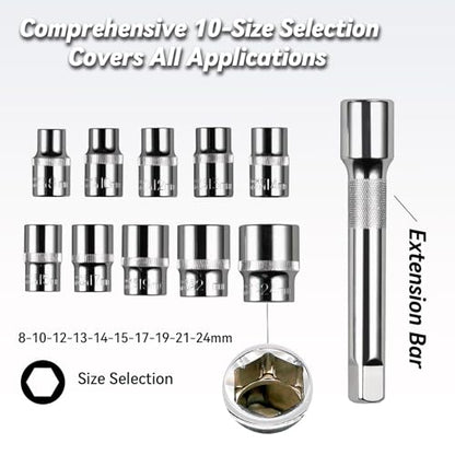 1/2" Drive Socket Set, 12-Piece Ratchet Socket Wrench Set with 10 Metric Sockets 8-24mm, 24-Tooth Quick-Release Ratchet Handle & Extension Bar, CR-V Steel with Organizer for Car & Home Repairs & DIY - size: 1/2" Drive