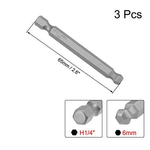 uxcell 3 Pcs H6 (6mm) Ball End Screwdriver Bits, S2 Steel Magnetic 2.6 Inch Long Drill Bit with 1/4 Inch Hex Shank - style: H6