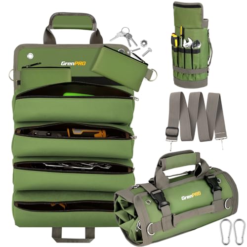 GrenPRO Roll Up Tool Bag With Detachable Pouches, Heavy Duty Organizer With 6 Pockets for Mechanics, Electricians, DIY, Gifts for Dad, Men Birthday Gift, Green - color: Green