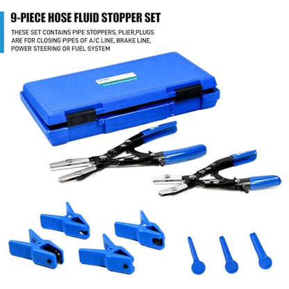 SMOTIVEPRO 9PCS Hose Fluid Line Stopper Kit with Ratchet Pinch Pliers | 4 Fluid Stoppers & 3 Line Plugs, 8"/10" Ratchet Hose Pinch Pliers, Stops Fluid Flow for Brake, Fuel & AC System Repairs - size: 9pcs Hose Fluid Stopper Set