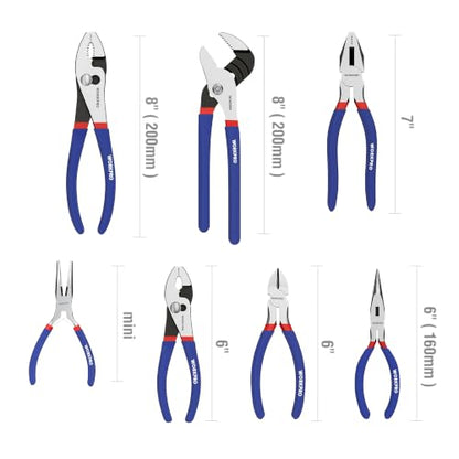 7-piece WORKPRO Pliers Set with Groove Joint, Long Nose, Slip Joint, Linesman, and Diagonal Pliers for DIY & Home Use - color: Red, Blue