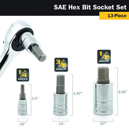 Titan 85530 13-Piece SAE Hex Bit Socket Set, Magnetic Socket Organizer with Laser-Etched Size Markings - style: New Metric Hex