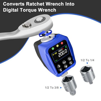 Digital Torque Adapter 1/2" Drive 7.3-147.5 Ft-lb / 10-200 Nm, Electronic Torque Wrench Converter with LCD Display ±1% Accuracy, 1/4” & 3/8” Adapters for Car & Motorcycle Maintenance DIY Use - size: 1/2" 7.3-147.5 FT.LB Digital Torque Adapter