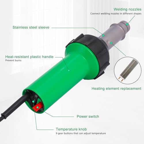1600W Plastic Welder Kit 100V, Hot Air Welding Gun with Nozzles | Adjustable Temperature Plastic Welding Tool for PVC, TPO, Vinyl Flooring, Roofing and Bumper Repair Applications
