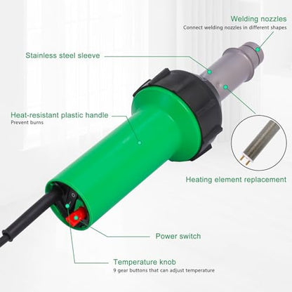 1600W Plastic Welder Kit 100V, Hot Air Welding Gun with Nozzles | Adjustable Temperature Plastic Welding Tool for PVC, TPO, Vinyl Flooring, Roofing and Bumper Repair Applications