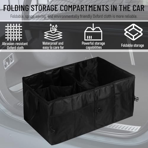 Car Trunk Organizer, Foldable Multi-Compartment Vehicle Console Trunk Storage Box, Collapsible Automotive Interior Grocery Cargo Organizer, Universal Fit (Black)