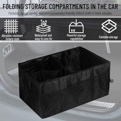 Car Trunk Organizer, Foldable Multi-Compartment Vehicle Console Trunk Storage Box, Collapsible Automotive Interior Grocery Cargo Organizer, Universal Fit (Black)