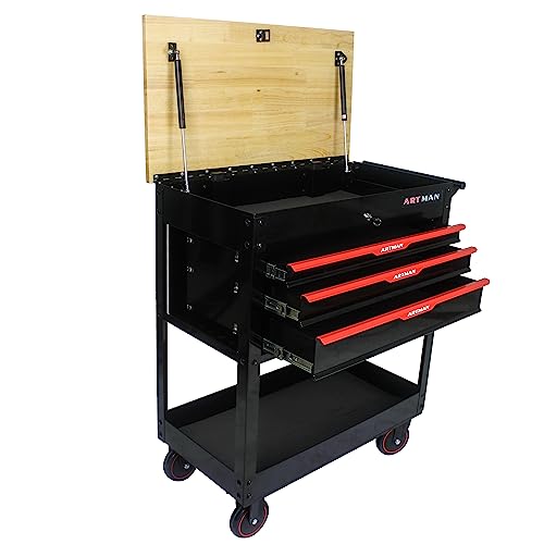 Rolling Tool Cart with 3-Drawer Utility Tool Box with Wheels Wood Top Mechanic Tool Storage Organizer Cabinet for Garage, Warehouse, Workshop, Repair Shop - Red - color: Black
