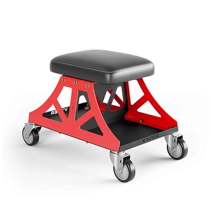 Vyper Low Pro Garage Stool with Removable Seat for Mechanics, Red Frame | Robust steel garage stool with 400 lb capacity, large industrial casters, foam seat, tool tray, and red frame for auto or DIY - color: Black Seat, Red Frame