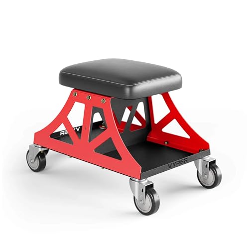Vyper Low Pro Garage Stool with Removable Seat for Mechanics, Red Frame | Robust steel garage stool with 400 lb capacity, large industrial casters, foam seat, tool tray, and red frame for auto or DIY - color: Black Seat, Red Frame