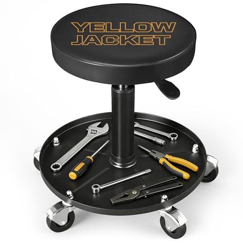 YELLOW JACKET Pneumatic Rolling Mechanic Stool, 250lb Adj., Auto Repair | Pneumatic lift, smooth casters, tool tray, adjustable height, 250lb capacity. Fits garage & workshop floors - color: Black