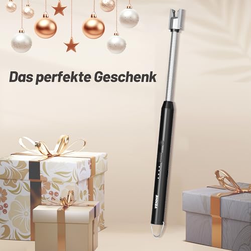 VEHHE Electric Lighter with 360° Flexible Neck, Flameless Windproof Long Candle Lighter with Led Battery Display, USB C Rechargeable with Hanging Hook for Gifts BBQ Fireworks (Black) - color: Black