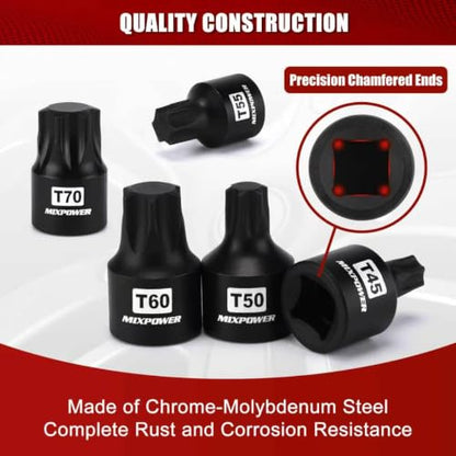 MIXPOWER 10 Pieces 3/8" Drive Impact Torx Bit Sockets,T25-T70,Cr-Mo Impact Grade,Solid One Piece Construction