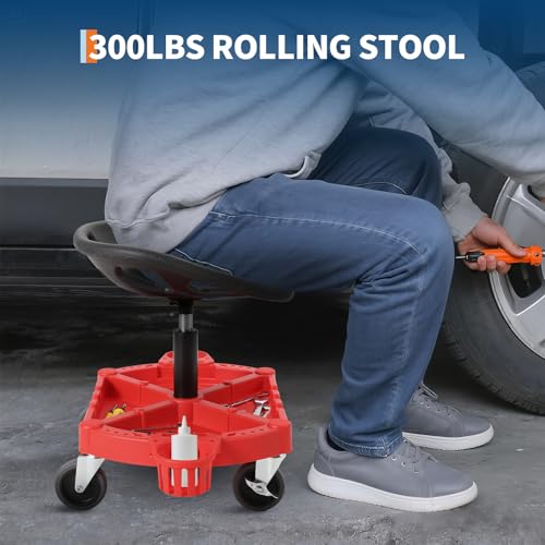 GarveeTech Rolling Mechanic Stool, 300 LBS Capacity, 19 in -25 in Height Adjustable Shop Stool with Tool Tray & 4 in 360° Lockable Swivel Wheels for Garage, Auto Repair, Workshop, ‌Heavy Duty, Red - size: Model 2