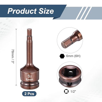 HARFINGTON 2pcs Impact Hex Bit Socket 1/2" Drive 6H (6mm) Hex Bits 3" Length S2 Steel Metric Impact Wrench Socket Adapter Tool for Automotive Repair Industrial Construction and Home DIY - size: H6 x 1/2" x 3"