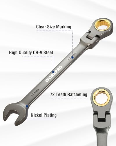 WORKPRO 17 mm Flex-Head Ratcheting Combination Wrench, Cr-V Constructed, Nickel Plating, 72-Teeth, 12 Point Design, Metric - size: 17 mm, style: Nickel Plating