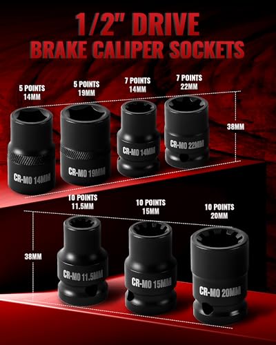 Reywoo 16-Piece Impact Brake Caliper Socket Set, 1/2" Square Drive Brake Adjusting Tool Kit Compatible with Audi Benz BMW Porsche Ford VW