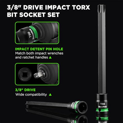 TecoTek 3/8" Drive Impact Torx Bit Socket Set, Extra Long Torx Socket, S2 Alloy Steel Star Bit Sockets, 24PCS Star Bit Set, T10-T60, 2in & 6in Long, CR-V & S2 Alloy Steel Set, Enhanced Storage Case - size: Torx Bit Socket