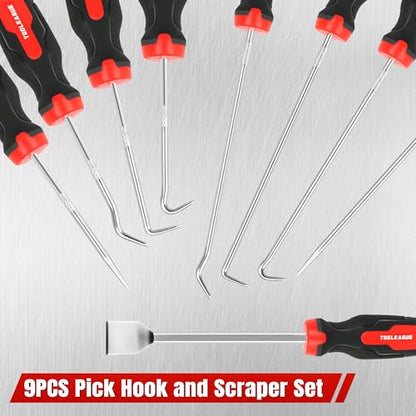 TOOLEAGUE 9Pcs Precision Pick and Hook Set with Scraper | Automotive and Electronic Hand Tools Car Auto Oil Seal/O-Ring Seal Gasket Hand Pick Up Tools