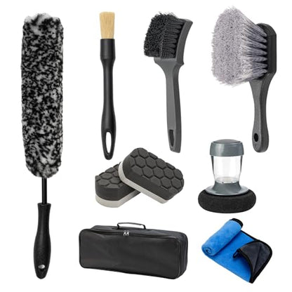 9Pcs Car Wheel Brush kit, Tire Brush, Microfiber Flat Wheel Cleaner Brush | Soft-bristled Rim Cleaner Brush, Tire Shine Applicator, Detailing Brushes, Detailing Pads, Scratch-Free Car Drying Towel
