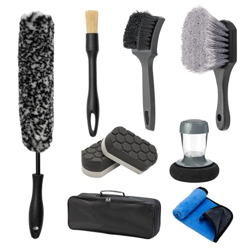 9Pcs Car Wheel Brush kit, Tire Brush, Microfiber Flat Wheel Cleaner Brush | Soft-bristled Rim Cleaner Brush, Tire Shine Applicator, Detailing Brushes, Detailing Pads, Scratch-Free Car Drying Towel