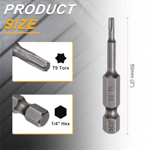 HARFINGTON 10pcs T9 Torx Head Screwdriver Bit 1/4" Hex Shank 2" (50mm) Long Magnetic No Hole Tip Tamper Proof 6 Point Star Screw Driver Drill Bits S2 Steel Industrial Power Screwdrivers - size: T9 x 2"