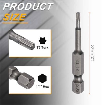 HARFINGTON 10pcs T9 Torx Head Screwdriver Bit 1/4" Hex Shank 2" (50mm) Long Magnetic No Hole Tip Tamper Proof 6 Point Star Screw Driver Drill Bits S2 Steel Industrial Power Screwdrivers - size: T9 x 2"